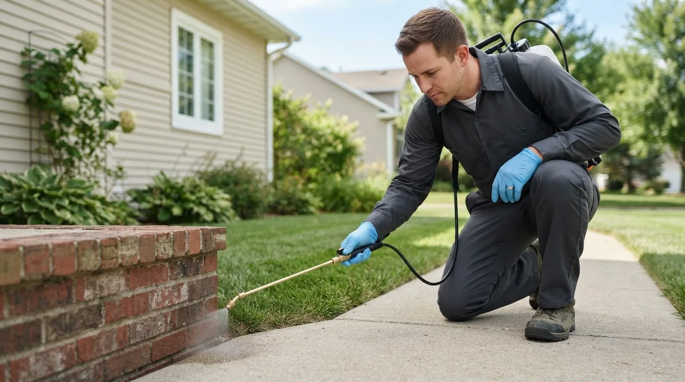 Pest control technician treating a home near Lee, IL