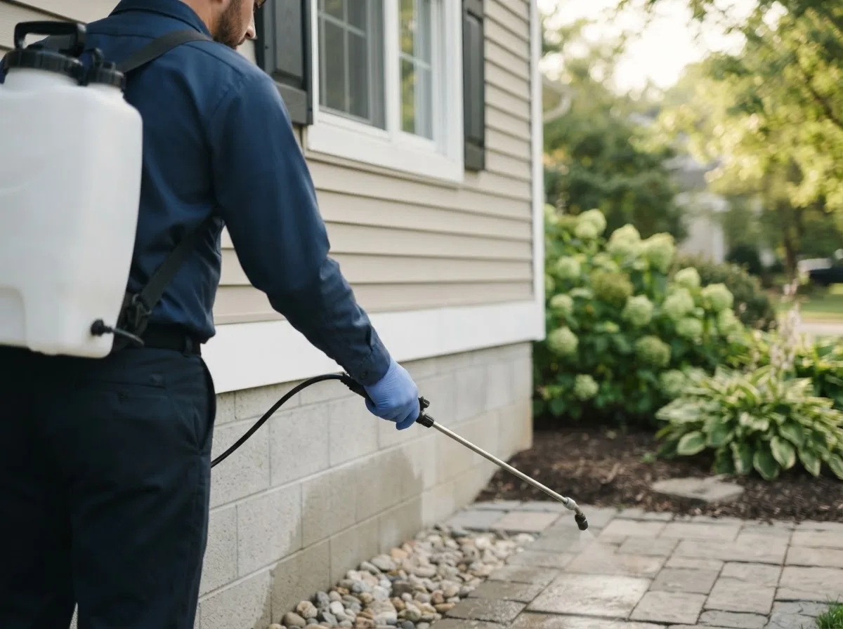 Pest control technician inspecting a home in Lee, IL